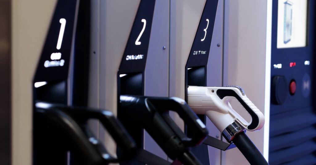 Three sleek electric vehicle chargers are lined up next to one another. They are labeled 1, 2, and 3 in glowing numbers.